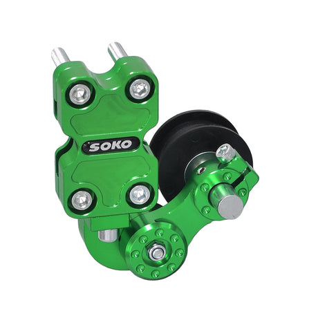 Aluminum Dirt Bike Chain Tensioner with a black wheel, designed for easy installation and automatic adjustment, enhancing the drive system's efficiency and appearance.