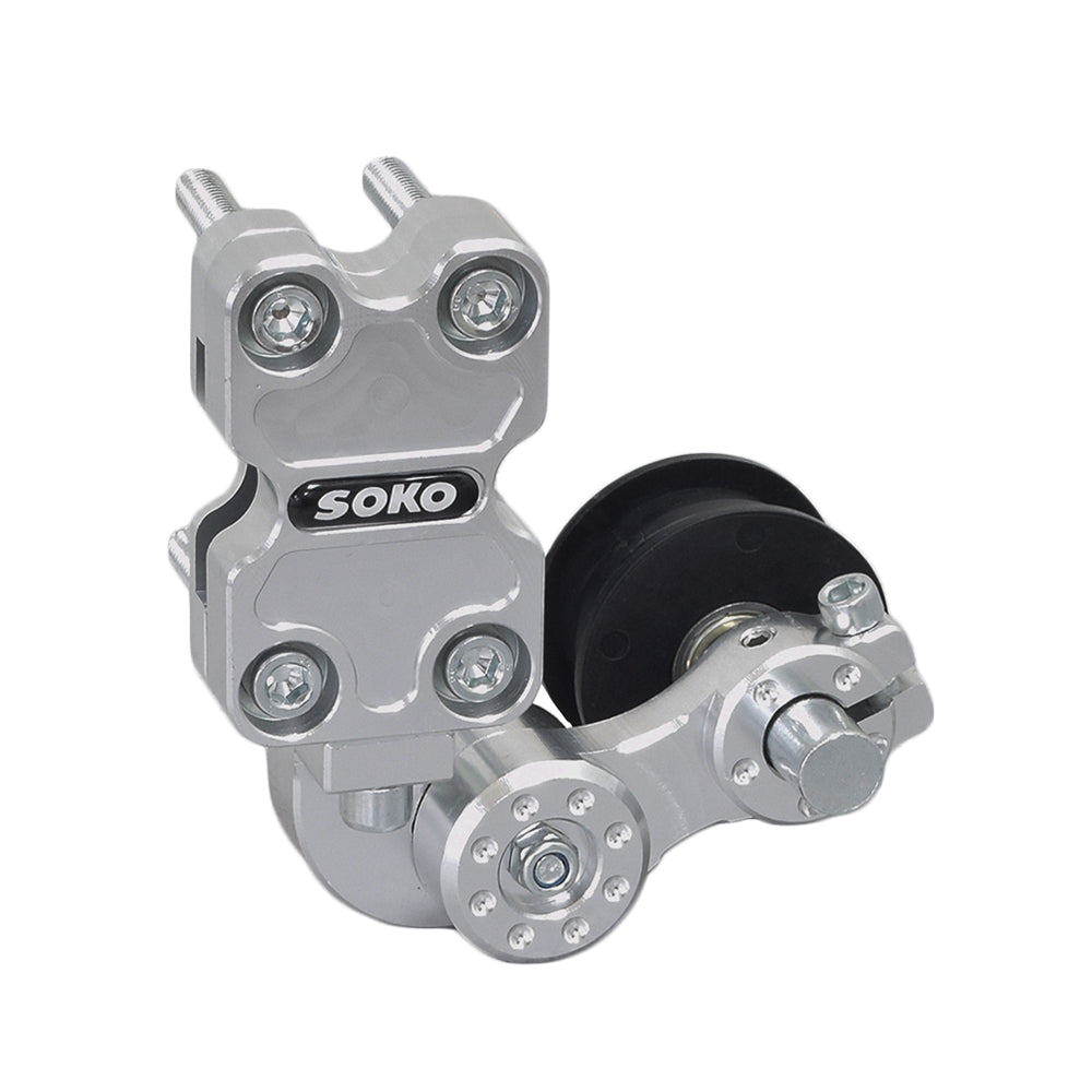 Aluminum Dirt Bike Chain Tensioner featuring a silver metal body with a prominent black wheel, showcasing a sturdy design for automatic chain adjustment on various dirt bike models.