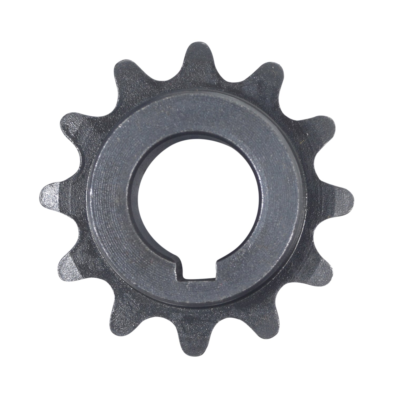 Close-up of a 12 Tooth #35 Chain Jackshaft Sprocket for Torque Converters (5/8 Inside Diameter), showing its finely machined gear teeth and centered hub, ideal for go-karts and mini bikes.