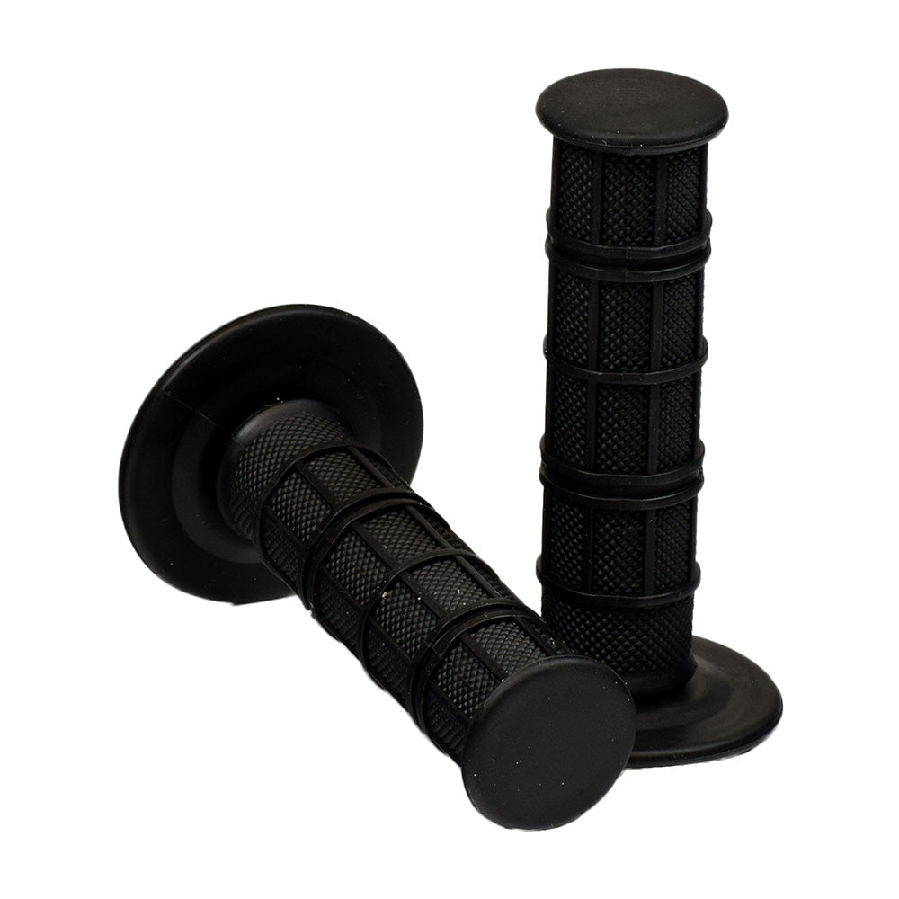 Rubber Waffle Style Handlebar Grip Set for Scooters, ATVs, & Dirt Bikes, featuring textured black grips for enhanced hold-ability and comfort, shown in close-up detail.