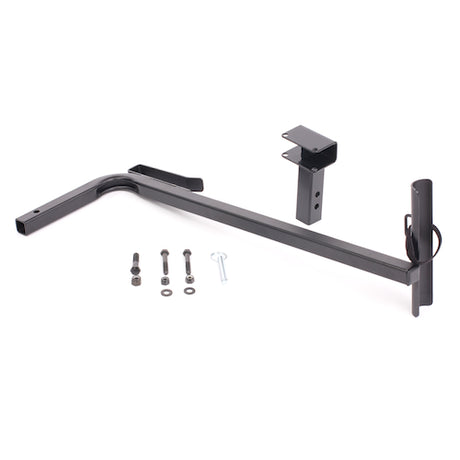 Walker Holder Assembly for Limited Recline Jazzy Power Chairs, featuring a black metal object with screws, bolts, and a mounting bracket, designed for secure attachment and easy installation.