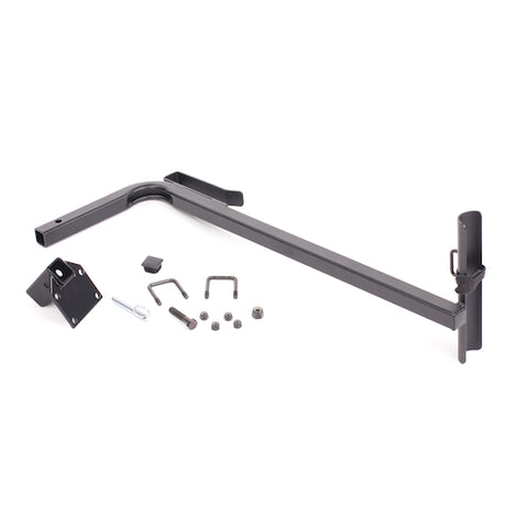 Walker Holder Assembly for Pinchless Hinge Jazzy Power Chairs featuring a black metal object with screws, bolts, and a mounting bracket designed for secure attachment.