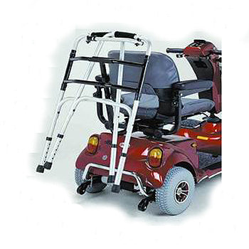 Walker Frame Holder for Merits Scooters and Power Chairs with Captain Seating, shown close-up, highlighting its sturdy frame and attachment points, designed to fit most Merits power chair models.