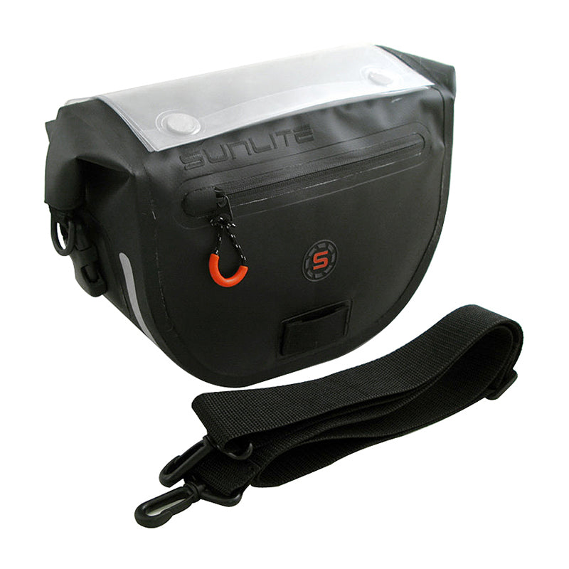 Waterproof Handlebar Map Bag by Sunlite with a clear plastic cover, integrated quick click handlebar mount, and an auxiliary shoulder strap. Made of waterproof polyester with PVC coating.