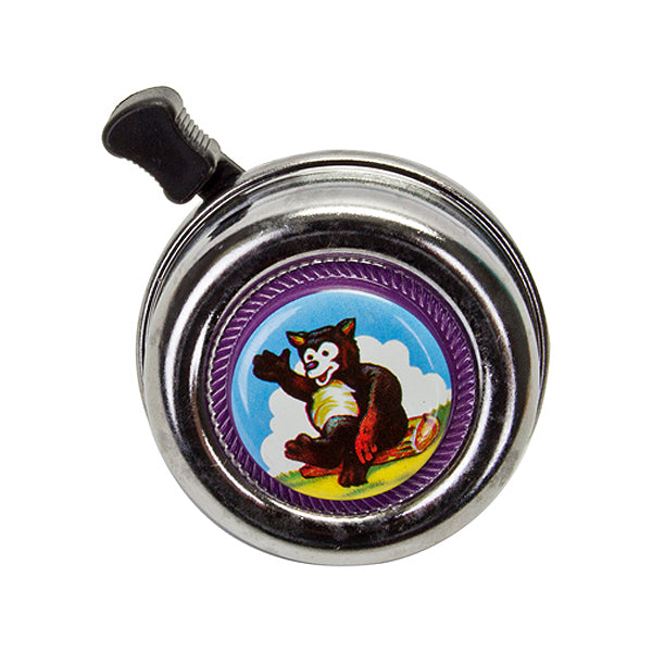 Waving Bear Bell by Sunlite: A silver bicycle bell featuring a cartoon bear waving, perfect for mounting on handlebars to add a fun, cheerful ring-ding to your ride.