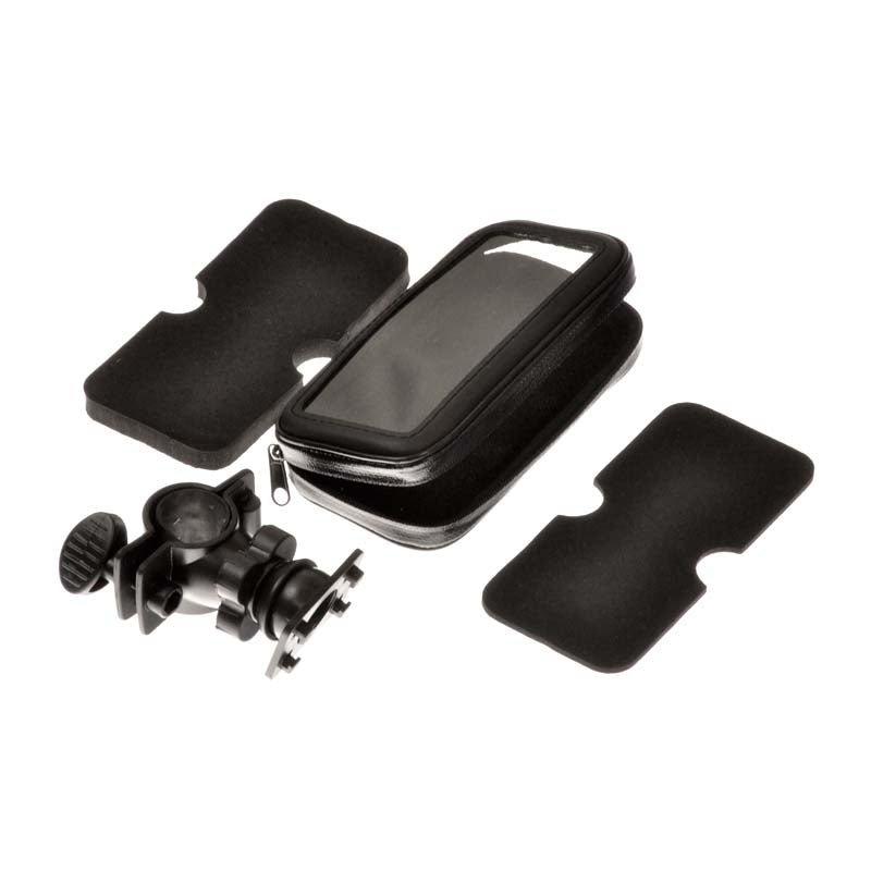 Weatherproof Handlebar Mount Smartphone Holder for Bikes & Scooters, featuring a secure black case, shown close-up, designed for versatile use on handlebars of bikes, scooters, and various vehicles.