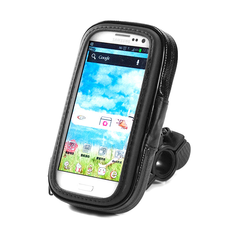 Weatherproof Handlebar Mount Smartphone Holder for Bikes & Scooters, featuring a black case enclosing a cell phone, shown on a phone case designed for various handlebars.