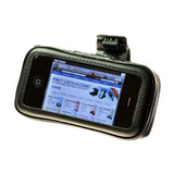 Weatherproof Handlebar Mount Smartphone Holder for Mobility Scooters, Power Chairs & Wheelchairs (iPhone & Samsung Compatible) shown with a black case, securely attached to a handlebar.