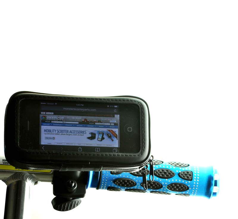 Weatherproof Handlebar Mount Smartphone Holder for Mobility Scooters, Power Chairs & Wheelchairs (iPhone & Samsung Compatible) shown attached to a handlebar, with a smartphone visible inside the black weatherproof case.