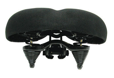 Web Spring Custom Saddle Seat for Bikes & Scooters featuring a close-up of a black cushioned bicycle seat, ideal for enhancing riding comfort.