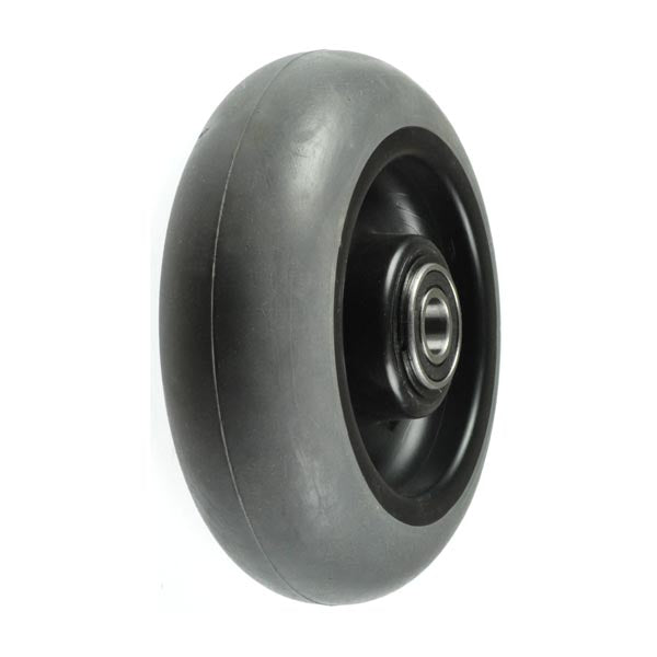 6 Solid Wheel Assembly for the Amigo Classic, Classic FD, eXcite, FD, PowerShopper, and ValueShopper featuring a black rim, metal center, and gray solid urethane tire.