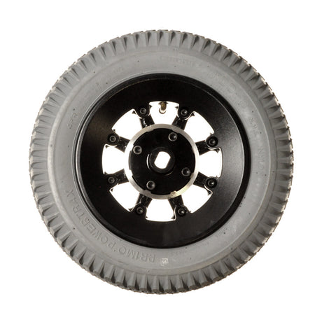 14x3 (3.00-8) Pneumatic Drive Wheel Assembly for Jazzy 1100, 1120, and 1122 Power Chairs, featuring a black rim with a central screw and bolts on the backside.