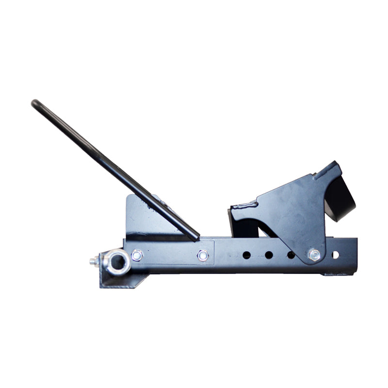 Wheel Chock for Dirt Bikes & Scooters: A black metal tool with a long handle, adjustable pivoting cradle, and secure tie-down arms, designed for easy loading and unloading of various tire sizes.