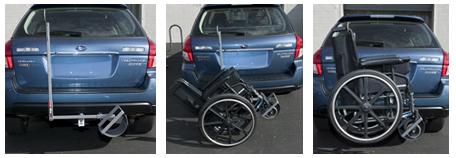 Pride Silver Star Manual Wheelchair Caddy mounted on the back of a car, showcasing its easy attachment to the vehicle's hitch for transporting a manual wheelchair.