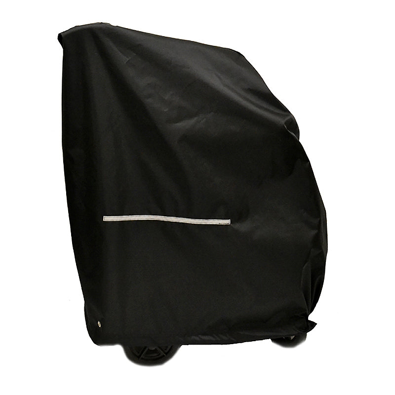 Manual Wheelchair Cover (Blemished) shown on a cart, featuring a black zippered design with belt loops for secure attachment. Made from 400-denier nylon, it protects manual wheelchairs from the elements.