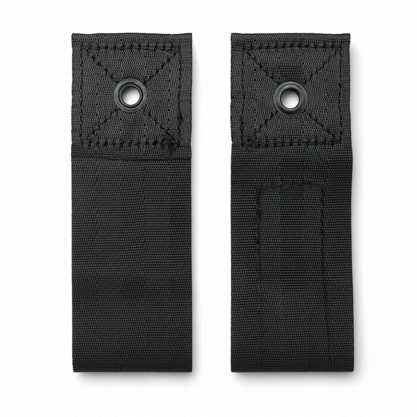 Two black wheelchair positioning belt mounting tabs with metal grommets (7/16" hole) and X-stitched webbing for bolting to the seat frame