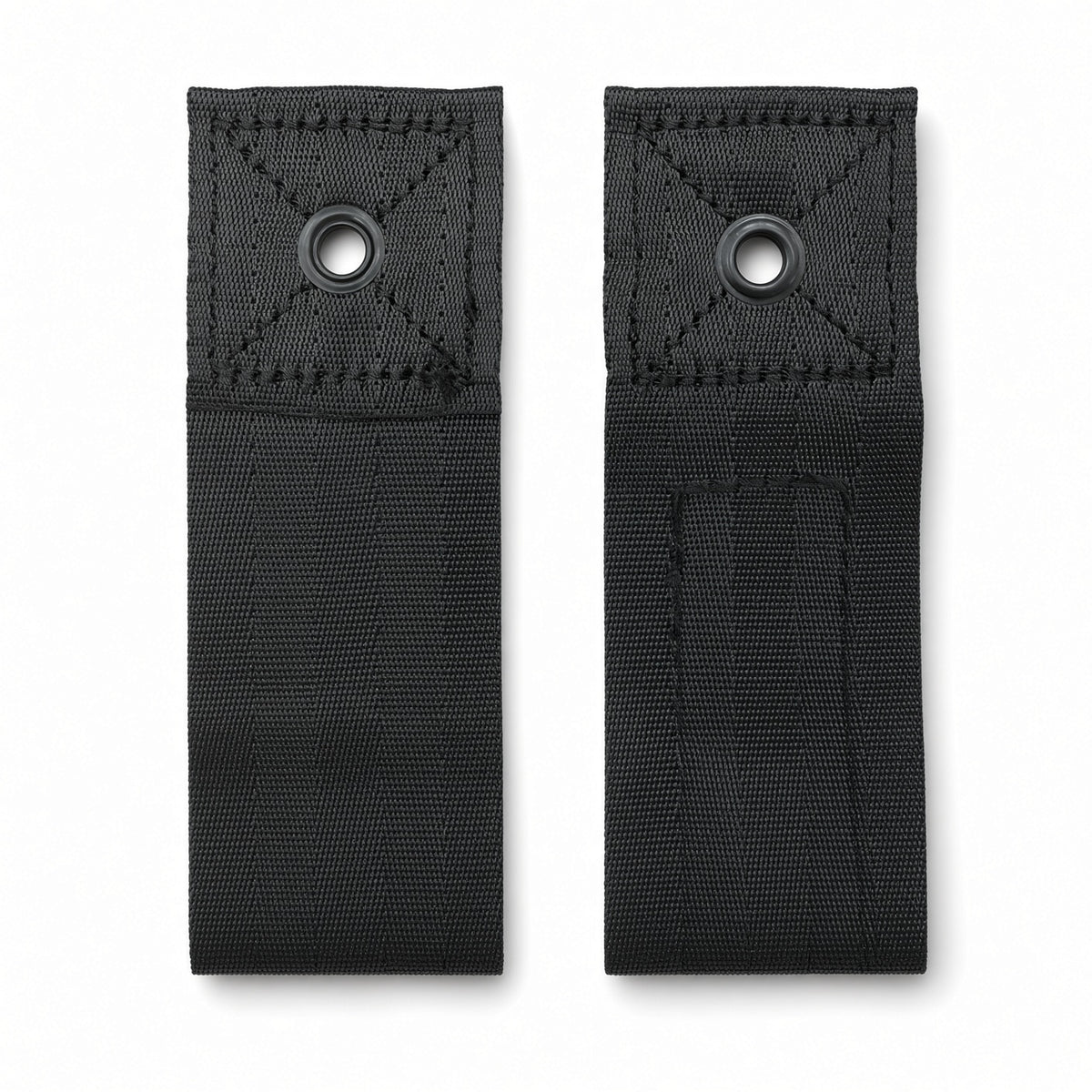 Two black wheelchair positioning belt mounting tabs with metal grommets (7/16" hole) and X-stitched webbing for bolting to the seat frame