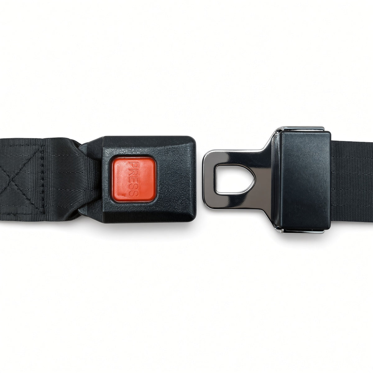 Wheelchair positioning belt buckle unlatched, showing red PRESS release button and chrome metal latch plate