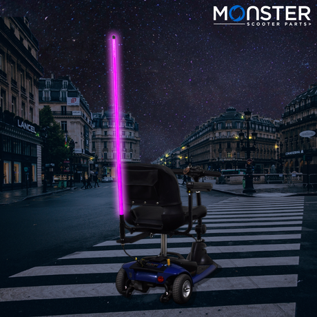 48 Multicolor LED Whip Light & Utility Cart Hitch Extender Kit for Mobility Scooters featuring a vibrant purple light on a scooter, highlighting safety and visibility enhancements.