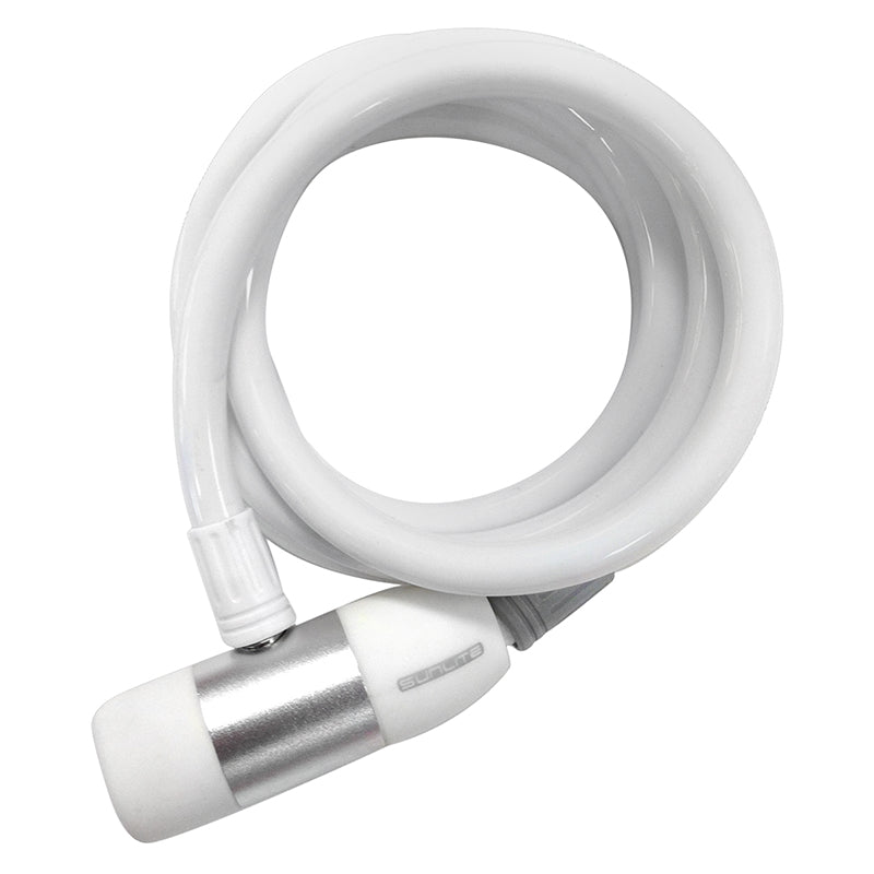 White Defender Cable with Integrated Lock from Sunlite, shown as a close-up of a sturdy white cable and locking mechanism, ideal for securing bikes or scooters.