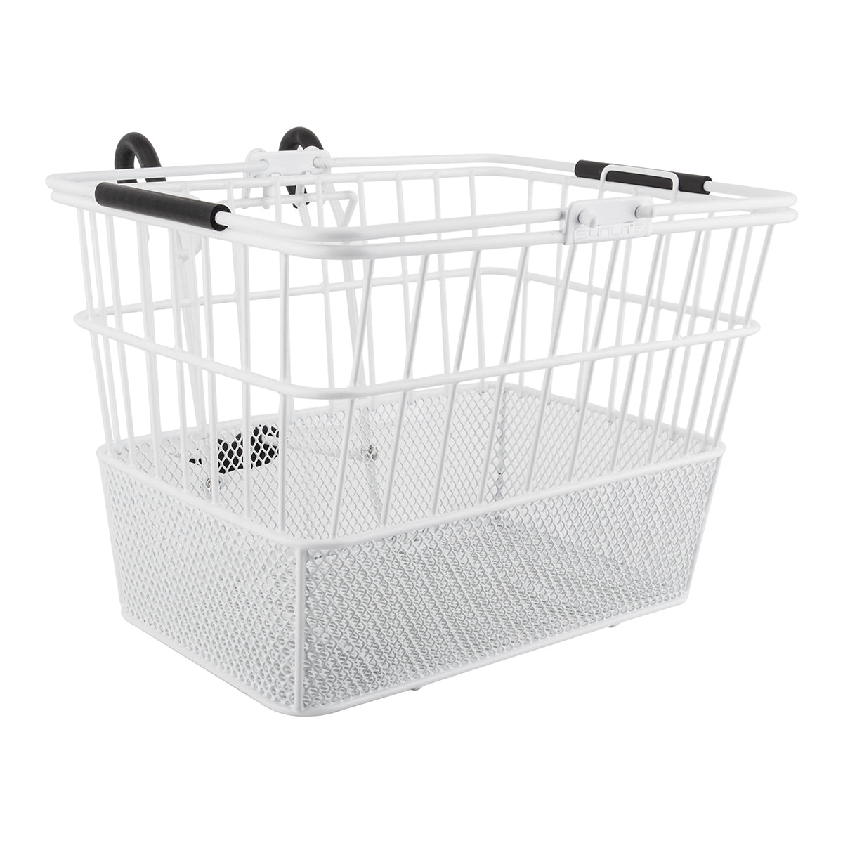 Lift-Off Wire Basket with Mesh Bottom: A practical white shopping basket with black handles, designed for bikes and scooters, featuring a durable mesh bottom for secure storage.