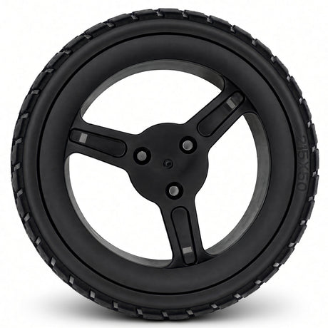 Rear wheel drive wheel for the Jazzy carbon travel power chair, size 215 x 50. All black and flat free.