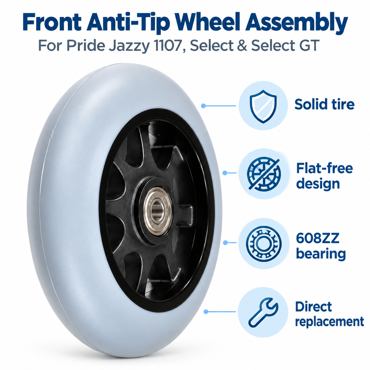 WHLASMB1613 Jazzy anti-tip wheel showing 608ZZ bearing and black rim