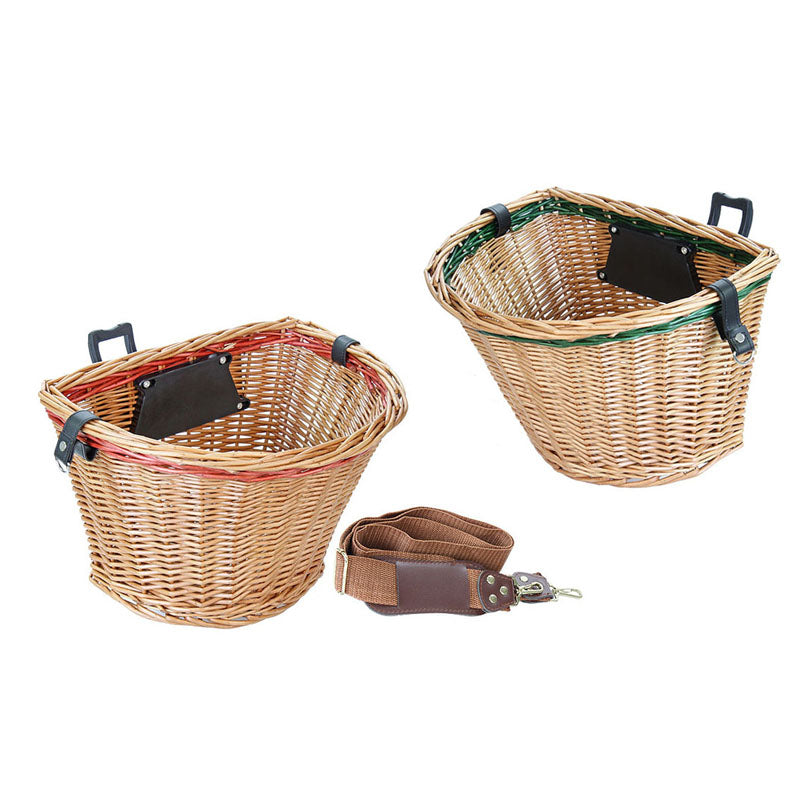 Wicker Basket with leather straps, black label, and green handle; ideal for bikes or scooters, offering a stylish and practical storage solution. Featured by Sunlite, available at Monster Scooter Parts.