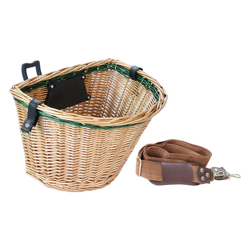 Wicker Basket shown with a leather strap attached, ideal for use with scooters or bikes.