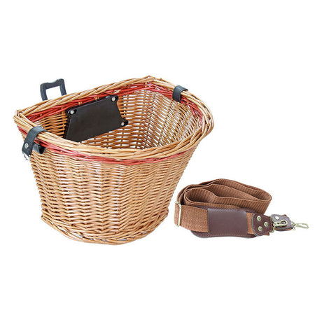 Wicker Basket displayed with a brown leather strap, ideal for bikes or scooters. The basket shows sturdy construction, highlighting its utility and craftsmanship.