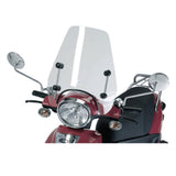 Close-up of the windshield for the Genuine Buddy Scooter (2007 & After), showing its clear, curved design and mounting hardware, designed specifically for recent Genuine Buddy 50 and 125 models.