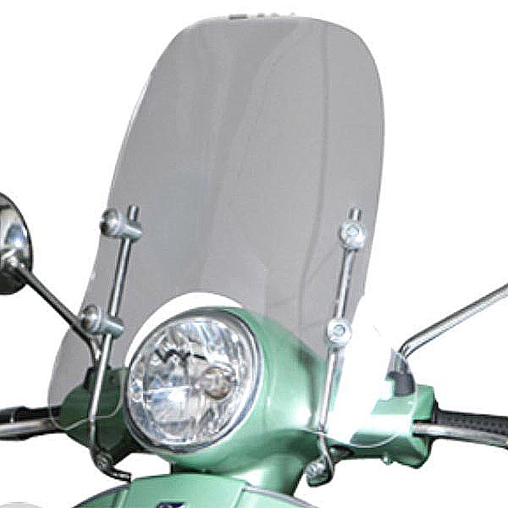 Close-up of a Prima clear acrylic windshield for Vespa GT and LX scooters, showcasing its sleek design and precision fit for classic Vespa models, enhancing both style and functionality.