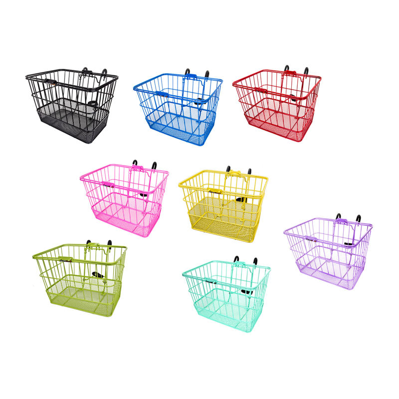 Lift-Off Wire Basket with Mesh Bottom displayed among various shopping baskets, showcasing its practical design perfect for bikes or scooters.