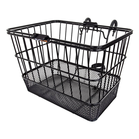 Lift-Off Wire Basket with Mesh Bottom featuring black metal construction, sturdy handlebars, and a practical design for bikes and scooters. Ideal for carrying small items securely.