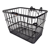 Lift-Off Wire Basket with Mesh Bottom (Blemished) shown as a sturdy black metal basket with handlebars, ideal for bikes and scooters, featuring a mesh bottom for added strength and practicality.