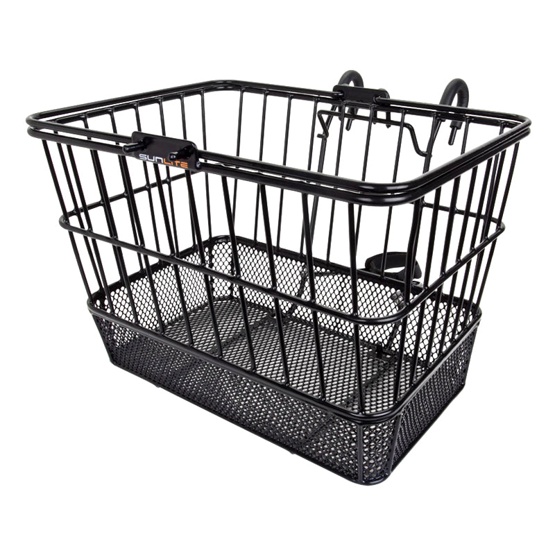 Lift-Off Wire Basket with Mesh Bottom (Blemished) shown as a black metal basket with handlebars, ideal for attaching to bikes or scooters.