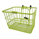 Lift-Off Wire Basket with Mesh Bottom (Blemished) featuring a green basket with black handles, ideal for attaching to bikes or scooters for carrying pet supplies or other items.