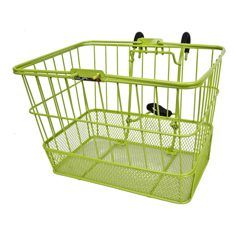 Lift-Off Wire Basket with Mesh Bottom (Blemished) shown as a green shopping basket with black handles, ideal for bikes and scooters, enhancing practicality with its sturdy wire and mesh construction.