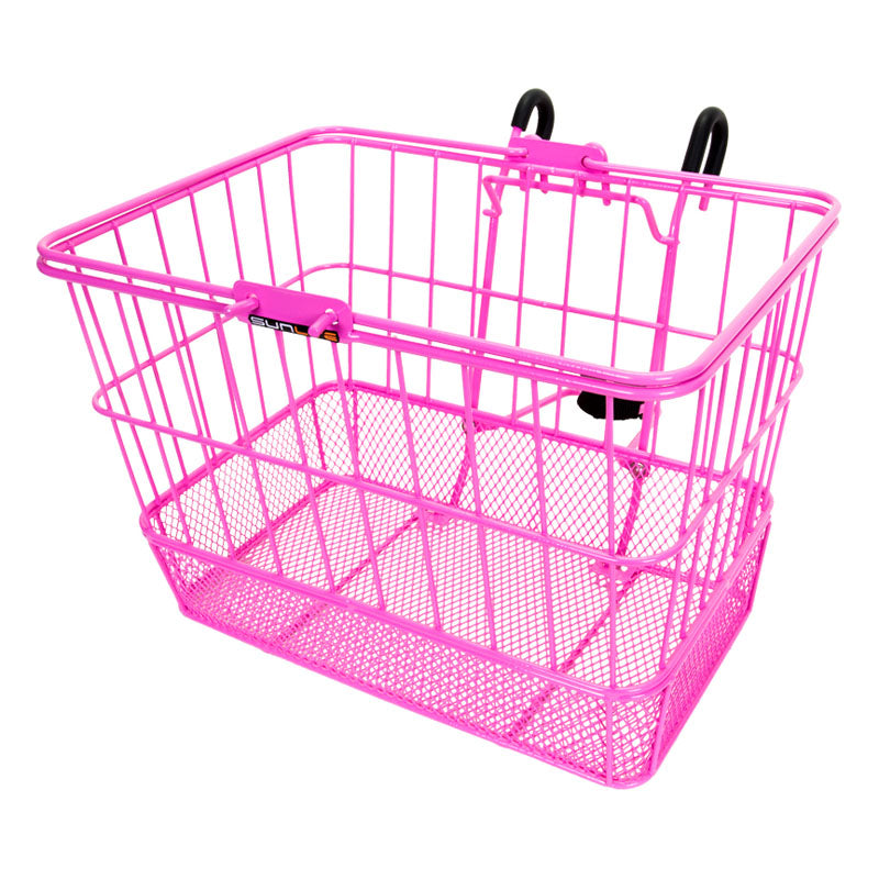 Lift-Off Wire Basket with Mesh Bottom featuring a pink body and black handles, perfect for bikes and scooters.