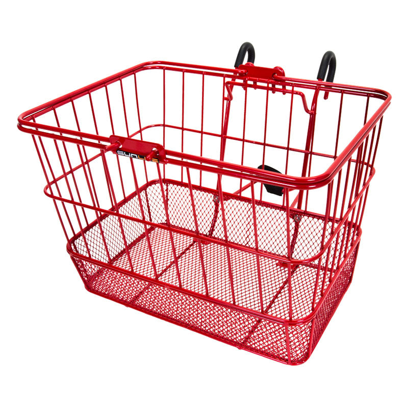 Lift-Off Wire Basket with Mesh Bottom, featuring a sturdy design with black handles, ideal for bikes and scooters.