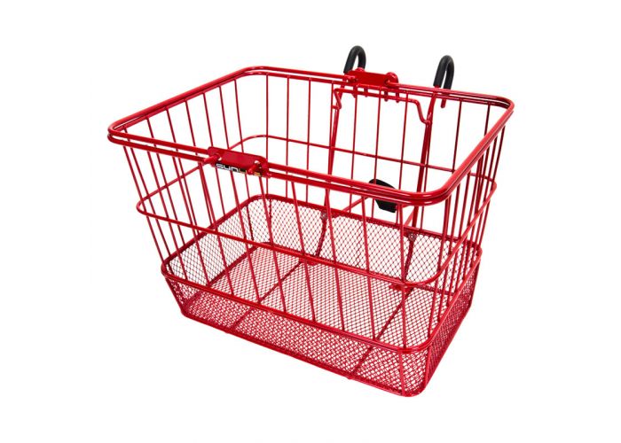 Lift-Off Wire Basket with Mesh Bottom for bikes or scooters, featuring a sturdy design and black handles, ideal for carrying items securely.