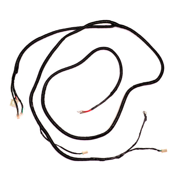 Main Wiring Harness for the Baja Reaction 150 (BR150-1) 150cc Go Kart, featuring a black wire with white connectors, illustrated in a sketch style, bundled for easy installation.