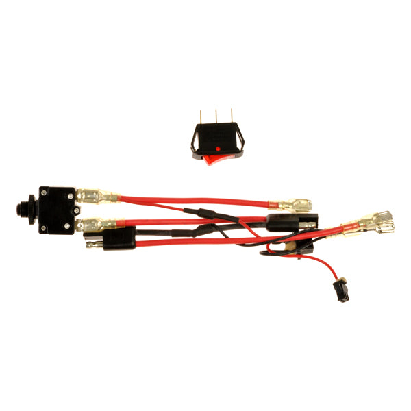 Close-up of the Wire Harness for the IZIP I-130, I-150, and I-200, showing red and black electrical wires with a 3-pin On/Off switch connector.