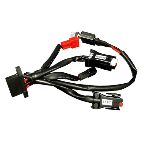 Close-up of a Wiring Harness for the ActiveCare Intrepid, Medalist, and Renegade Power Chairs, featuring black and red electrical wires with connectors, designed for seamless battery and motor integration.