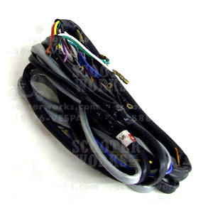 Close-up of the Wiring Harness for Sears Allstate Vespa VMA, showing multiple wires bundled together, including visible green, black, red, blue, purple, brown, yellow, and white wires.