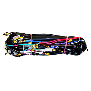 Wiring Harness for Vespa VSX (Late), showing a bundle of wires wrapped in rubber bands and a close-up of the black electrical device, suitable for P200E and modifiable for P125X models.