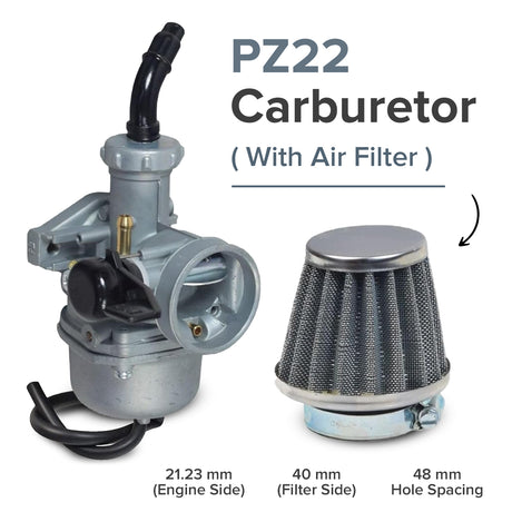 Carburetor for Coleman AT125-EX & AT125-UT ATVs shown with an attached air filter. The image highlights the carburetor's intricate components, including the intake and left-side choke lever.