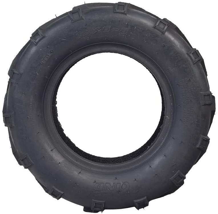 16x6-8 Rear Tires for the Coleman KT196 Go-Kart (Set of 2), featuring QD116 V-tread pattern, providing excellent performance on loose surfaces like sand and gravel. Tubeless pneumatic design for flexible use.