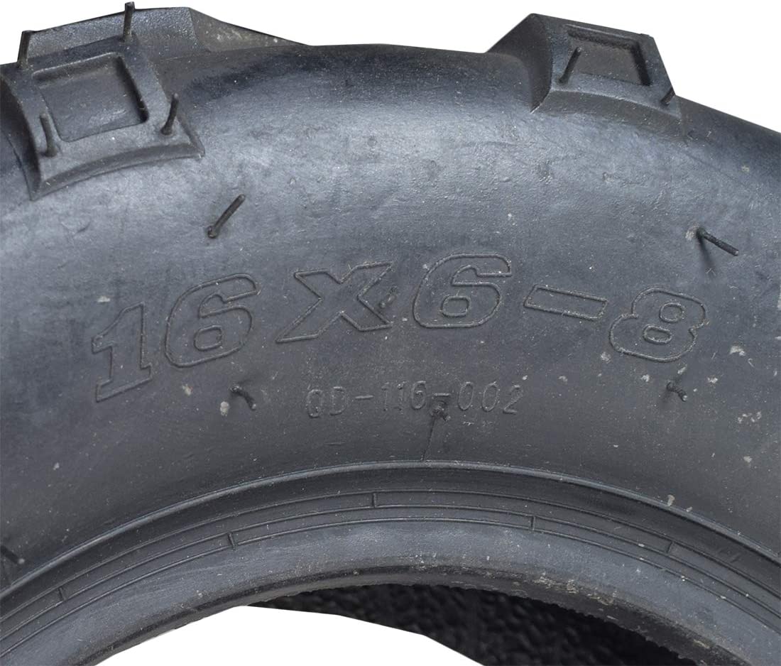 Close-up of 16x6-8 Rear Tires with V-Tread for Hammerhead Off-Road® & TrailMaster Go-Karts (Set of 2), showcasing the QD116 V-tread pattern designed for optimal performance on loose surfaces like sand and gravel.