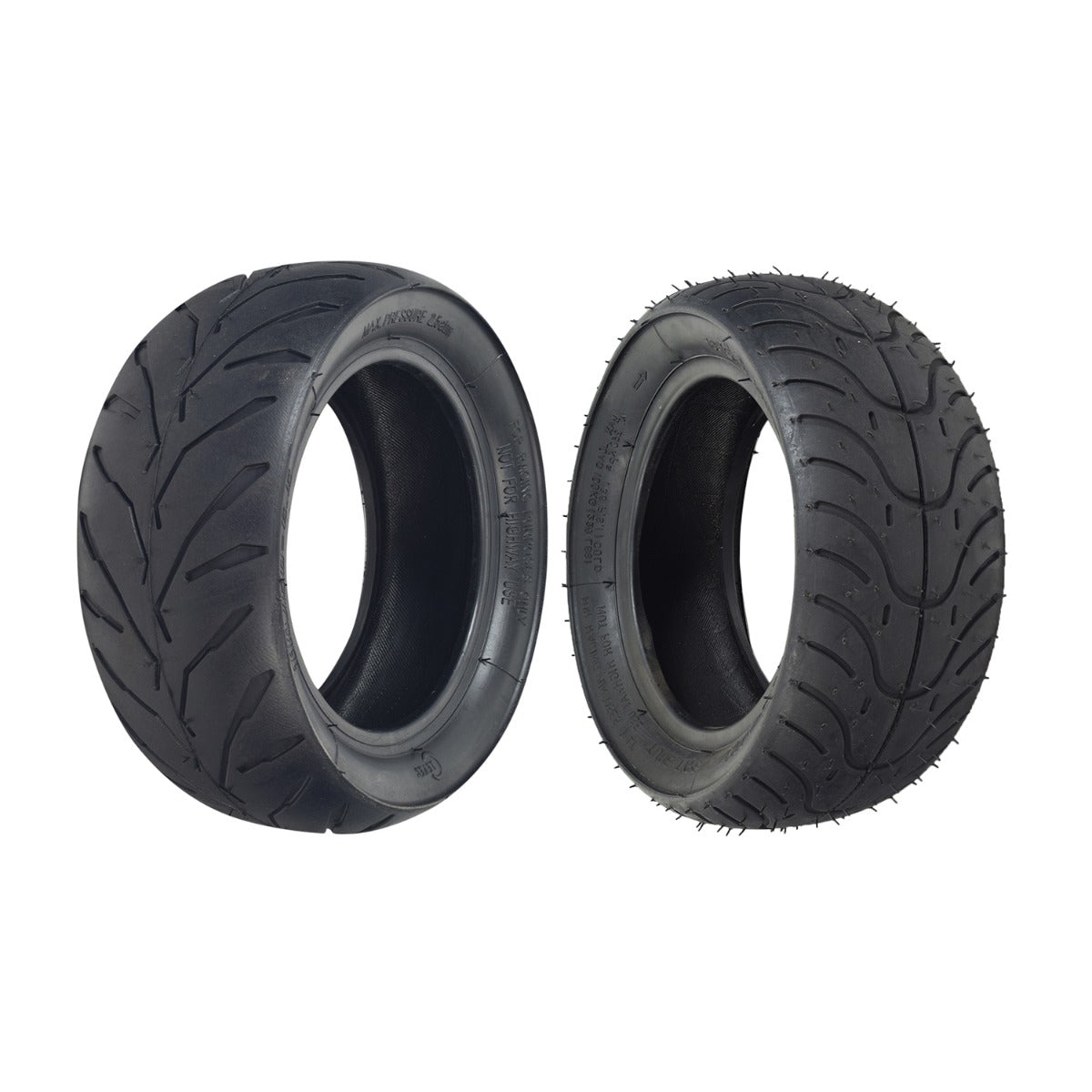 110/50-6.5 Tire for the Motovox MBxXSe Micro-Mini Bike with shallow grooved tread for optimal traction. Close-up shows detailed tread pattern, emphasizing durability and performance for mini bikes.